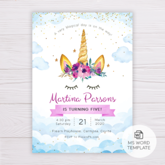 Unicorn with Purple Flowers in Clouds Invitation Template