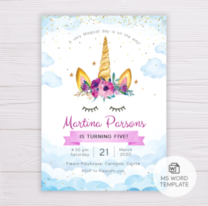 Unicorn with Purple Flowers in Clouds Invitation Template
