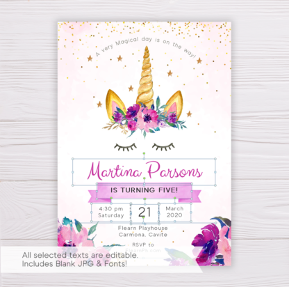 Unicorn with Purple Flowers Invitation Template