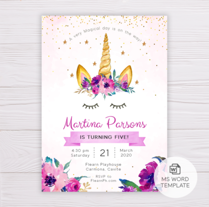 Unicorn with Purple Flowers Invitation Template