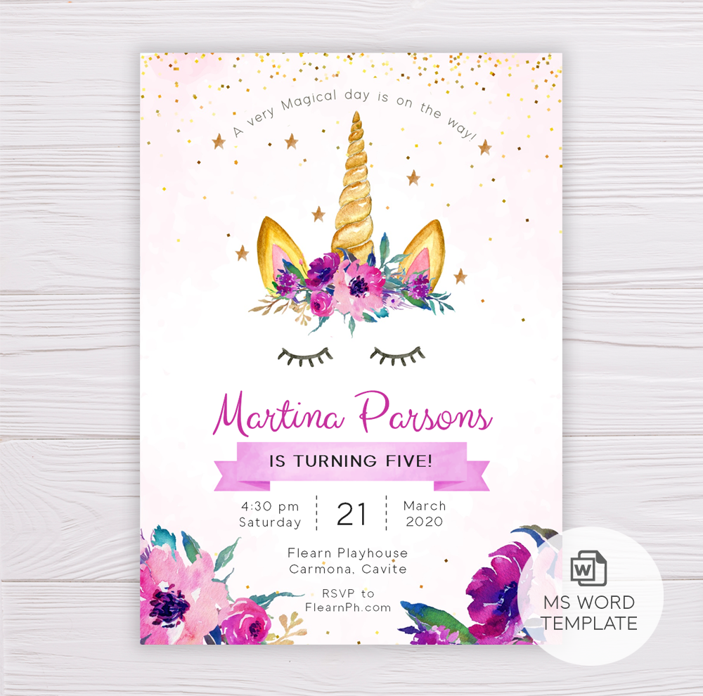 Download Unicorn with Purple Flowers Invitation Template - Dgtally