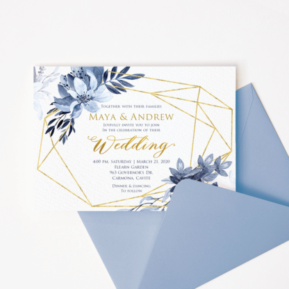 Wedding Invitation Template - Dusty Blue Flowers & Gold Frame