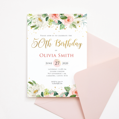 50th Birthday Invitation Template - Blush Floral & Gold Dots
