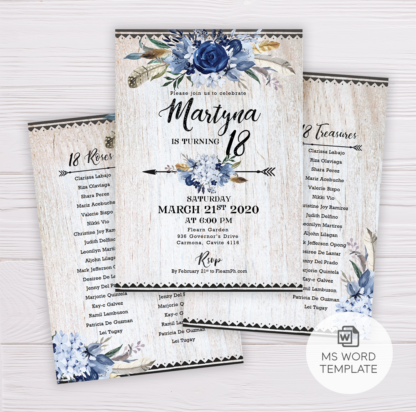 Blue Flowers Floral Bohemian Debut Invitation Template