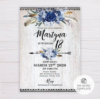 Blue Flowers Floral Bohemian Invitation Template