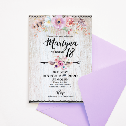 Bohemian Invitation Template with Purple/Lavender Flowers