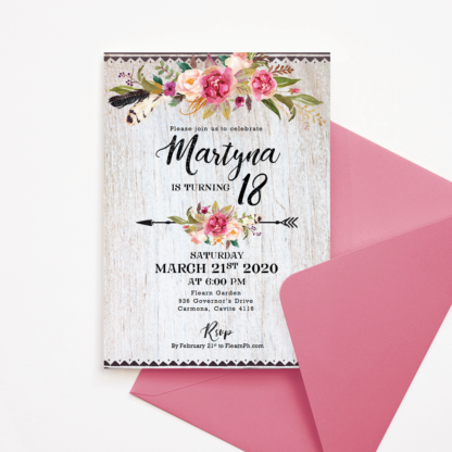 Bohemian Invitation Template with Pink Flowers