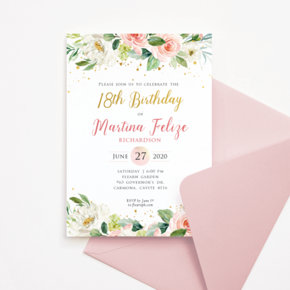 Debut Invitation Template with Blush Flowers and Gold Confetti Design