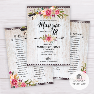 Pink Flowers Floral Bohemian Debut Invitation Template
