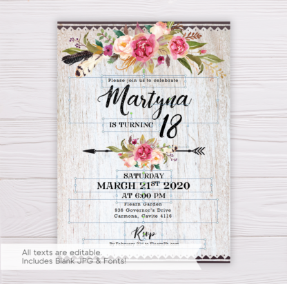 Pink Flowers Floral Bohemian Invitation Template