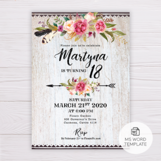 Pink Flowers Floral Bohemian Invitation Template