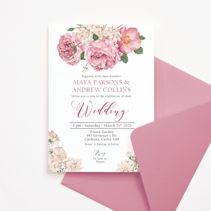 Wedding Invitation Template with Romantic Old Rose Flowers