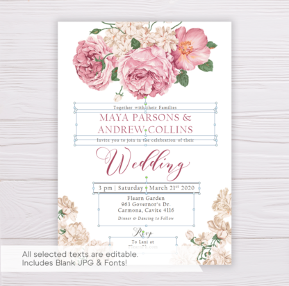 Old Rose Flowers Romantic Wedding Invitation Template