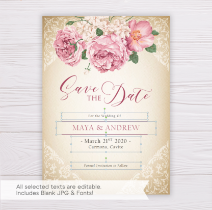 Rustic with Old Rose Flowers Save the Date Template