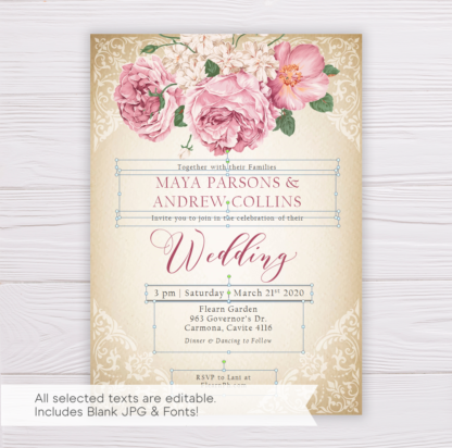 Rustic with Old Rose Flowers Wedding Invitation Template