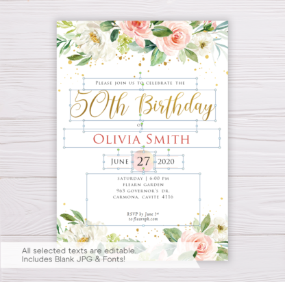 Watercolor Blush Flowers & Gold 50th Birthday Invitation Template