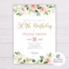 Watercolor Blush Flowers & Gold 50th Birthday Invitation Template