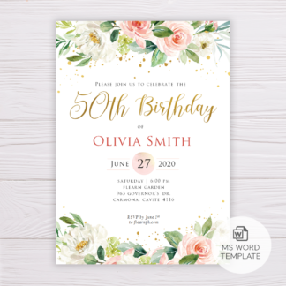 Watercolor Blush Flowers & Gold 50th Birthday Invitation Template