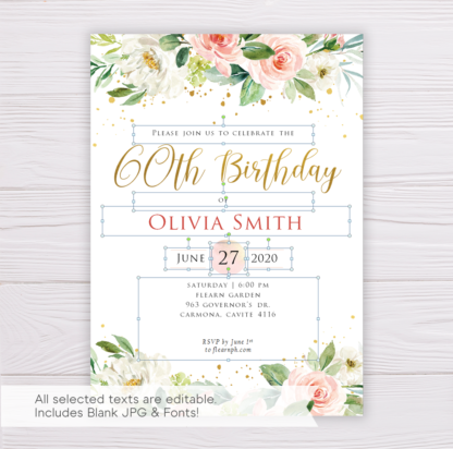 Watercolor Blush Flowers & Gold 60th Birthday Invitation Template