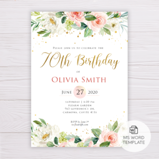 Watercolor Blush Flowers & Gold 70th Birthday Invitation Template