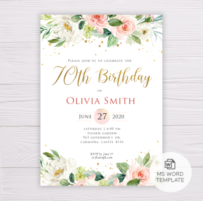 Watercolor Blush Flowers & Gold 70th Birthday Invitation Template