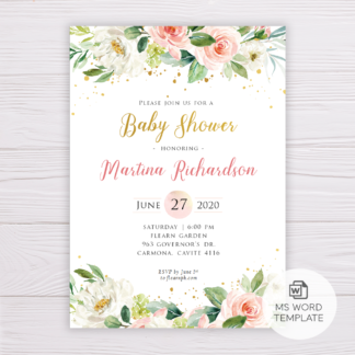 Watercolor Blush Flowers & Gold Baby Shower Invitation Template