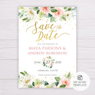 Watercolor Blush Flowers & Gold Save the Date Template