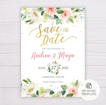 Watercolor Blush Flowers & Gold Save the Date Template