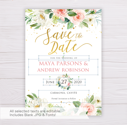 Watercolor Blush Flowers & Gold Save the Date Template