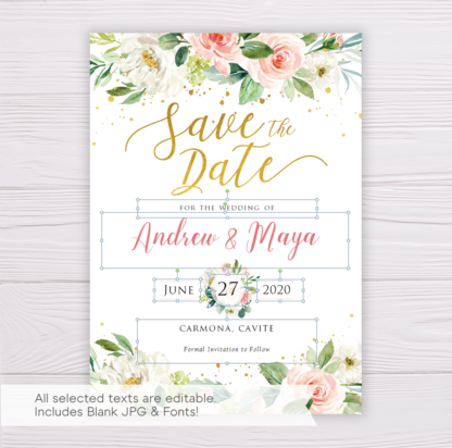 Watercolor Blush Flowers & Gold Save the Date Template