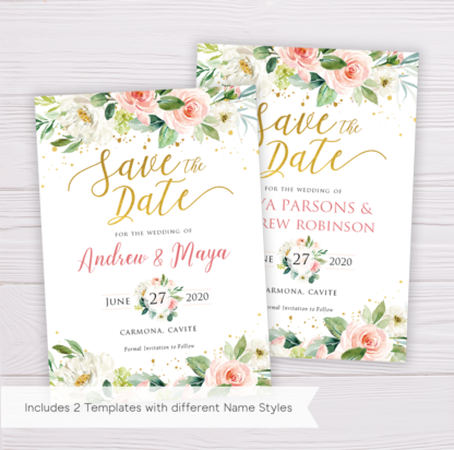 Watercolor Blush Flowers & Gold Save the Date Template