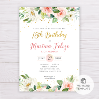 Watercolor Blush Flowers & Gold Birthday Invitation Template