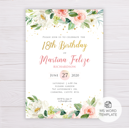 Watercolor Blush Flowers & Gold Birthday Invitation Template