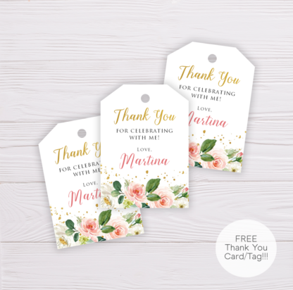 Watercolor Blush Flowers & Gold Thank You Card Template