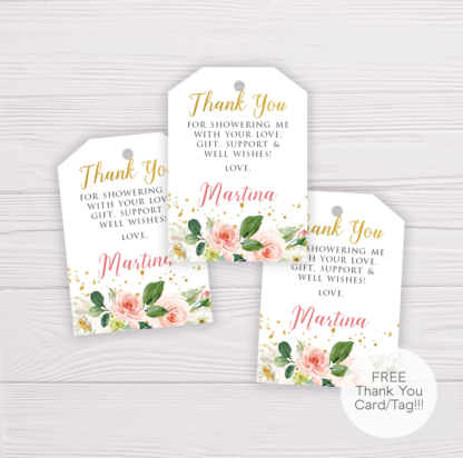 Watercolor Blush Flowers & Gold Bridal Shower Thank You Card Template