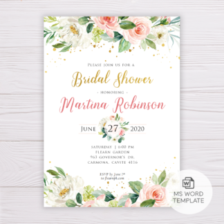 Watercolor Blush Flowers & Gold Bridal Shower Invitation Template