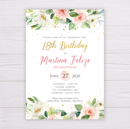 Watercolor Blush Flowers & Gold Debut Invitation Template