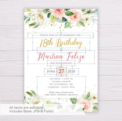 Watercolor Blush Flowers & Gold Debut Invitation Template