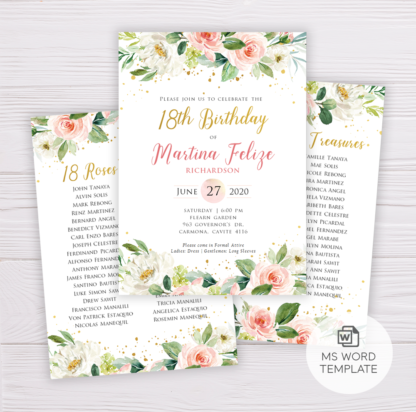 Debut Invitation Template with Blush Flowers & Gold Confetti