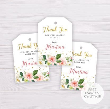Watercolor Blush Flowers & Gold Thank You Card Template