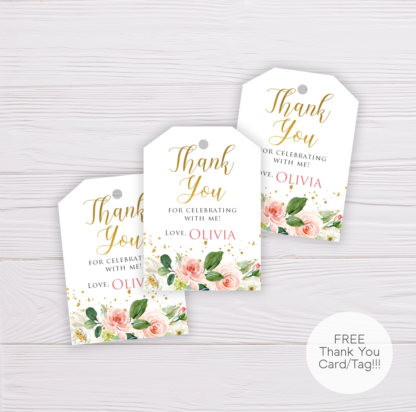 Watercolor Blush Flowers & Gold Thank You Card Template