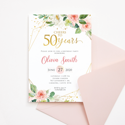 50th Birthday Invitation Template - Cheers to 50 Years (Blush & Gold)