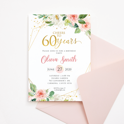 60th Birthday Invitation Template - Cheers to 60 Years (Blush & Gold)