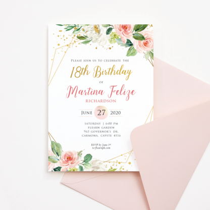Birthday Invitation Template (Blush Floral & Gold Frame)