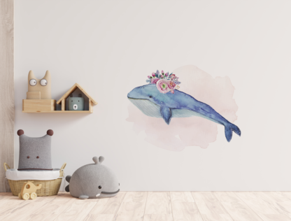 Blue Whale with Flowers Watercolor Graphic Wall Art Room Decor Printable