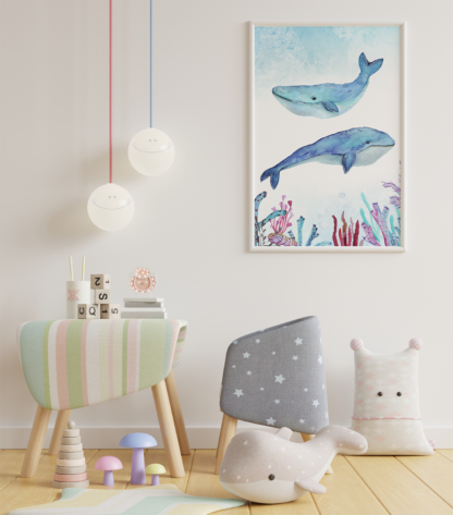 Blue Whale Whales Watercolor Graphic Wall Art Room Decor Printable