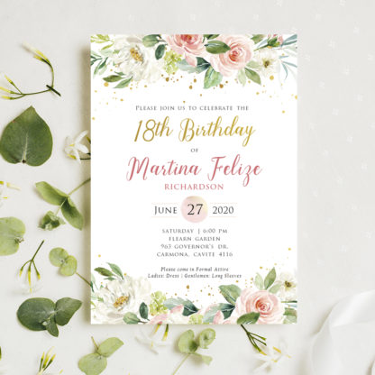 Birthday Invitation Template (Blush Floral & Gold)