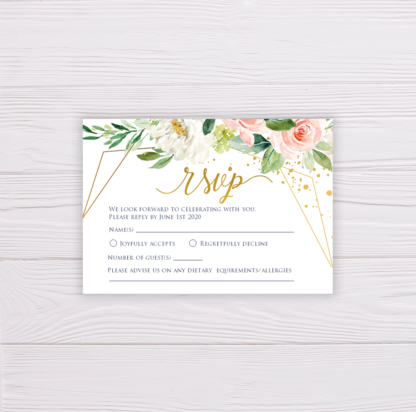 Watercolor Blush Flowers with Gold Frame Wedding Invitation Suite Template - RSVP