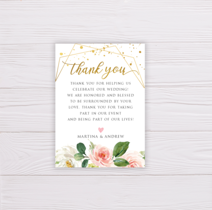 Watercolor Blush Flowers with Gold Frame Wedding Invitation Suite Template - Thank You Card