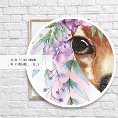 Deer with Flowers Watercolor Graphic Wall Art Room Decor